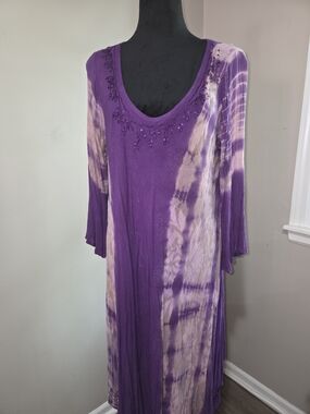 Shoreline Purple and Light Lavender Tie-Dye Scoop Neck Dress, Long Sleeves